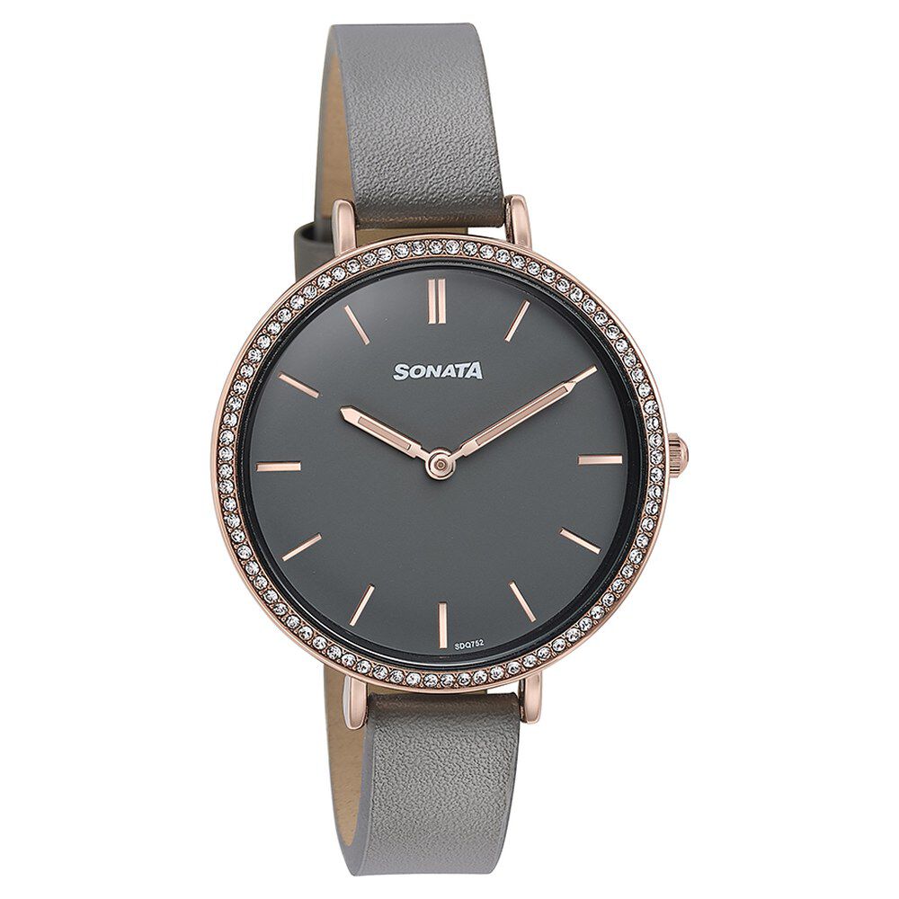 Buy Online Sonata Quartz Analog Grey Dial Grey Leather Strap Watch For Women 87070wl01 p Sonata