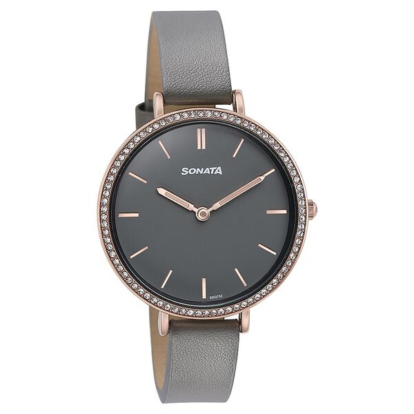Sonata Quartz Analog Grey Dial Grey Leather Strap Watch For Women - image number 2