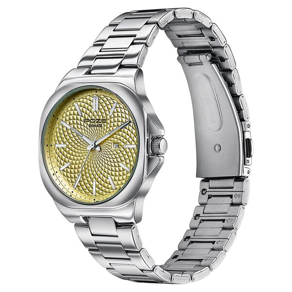 Sonata Poze Quartz Analog Yellow Dial Silver Colour Stainless Steel Strap Watch For Men - image number 4