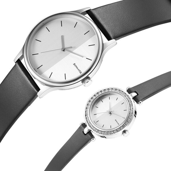 Sonata Quartz Analog Silver Dial Leather Strap Watch for Couple - image number 2