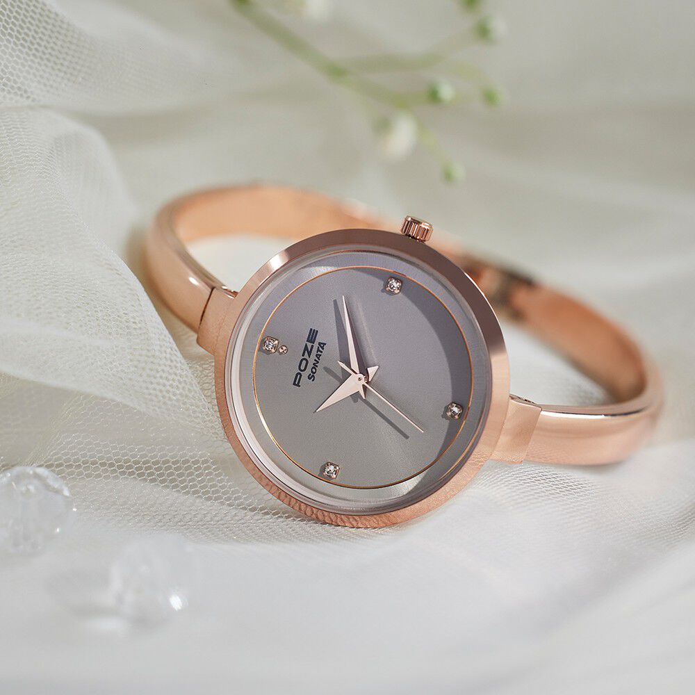 Buy Online Sonata Poze Quartz Analog Grey Dial Rose Gold Color Metal Strap Watch For Women sp80089wm01 Sonata