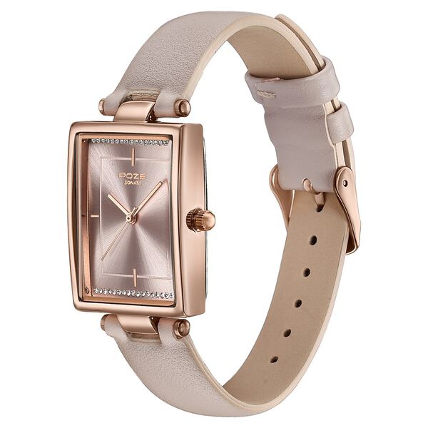 Poze By Sonata Quartz Analog Beige Dial Beige Leather Strap Watch For Women - image number 4