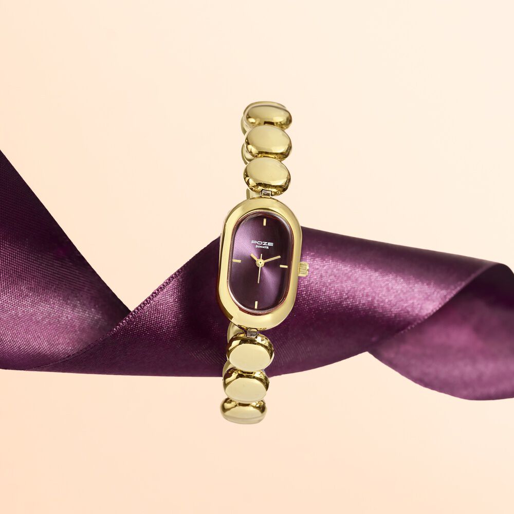 Poze By Sonata Quartz Analog Plum Dial Golden Metal Strap Watch For Women-image-19