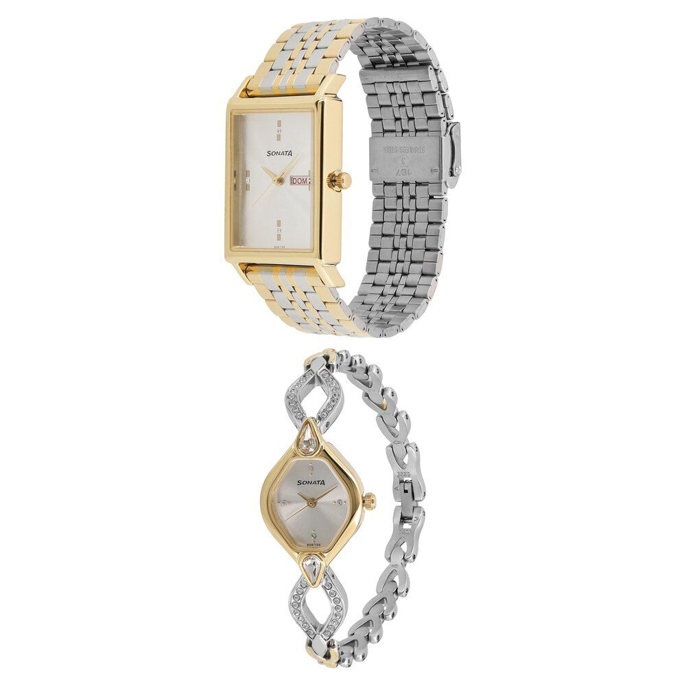 Sonata Quartz Analog with Day and Date Silver Dial Stainless Steel