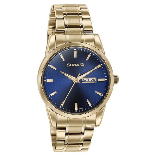 Sonata Quartz Analog with Day and Date Blue Dial Golden Stainless Steel Strap Watch For Men - image number 2