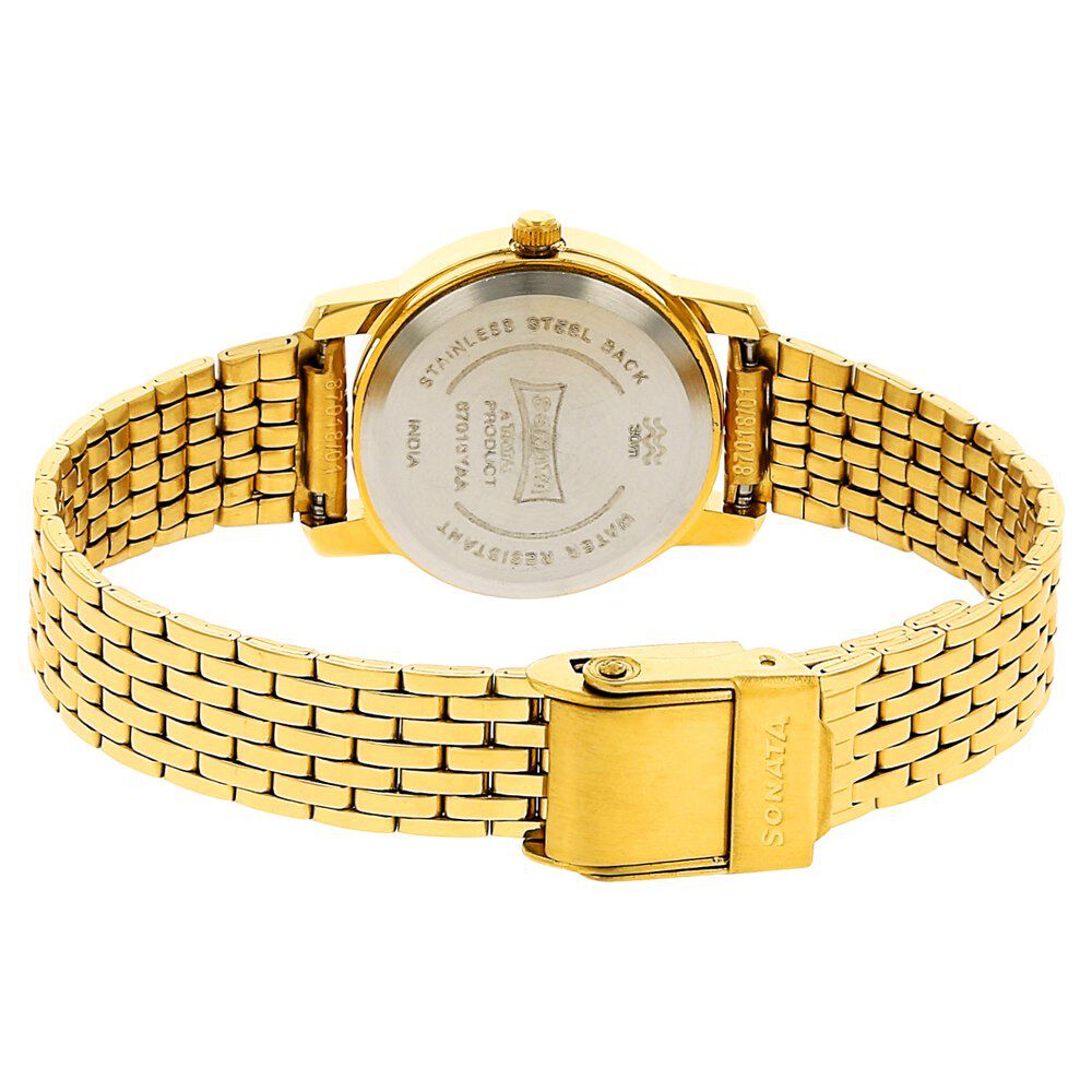 Sonata Quartz Analog Champagne Dial Stainless Steel Strap Watch