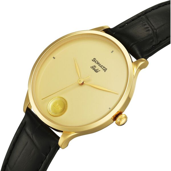 Sonata Gold Quartz Analog Champagne With Gold Coin Dial Black Leather Strap Watch For Men - image number 4
