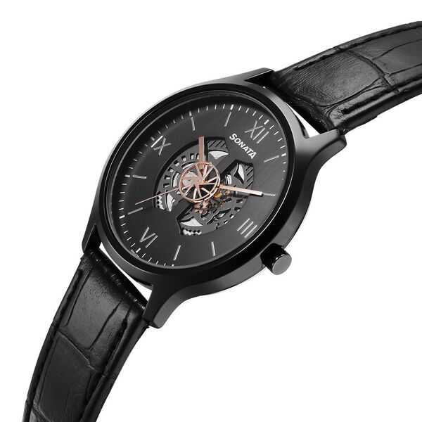 Sonata Unveil Quartz Multifunction Black Dial Leather Strap Watch for Men - image number 2