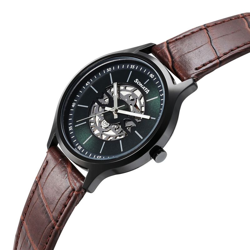 Sonata Unveil Quartz Multifunction Green Dial Leather Strap Watch for Men - image number 2