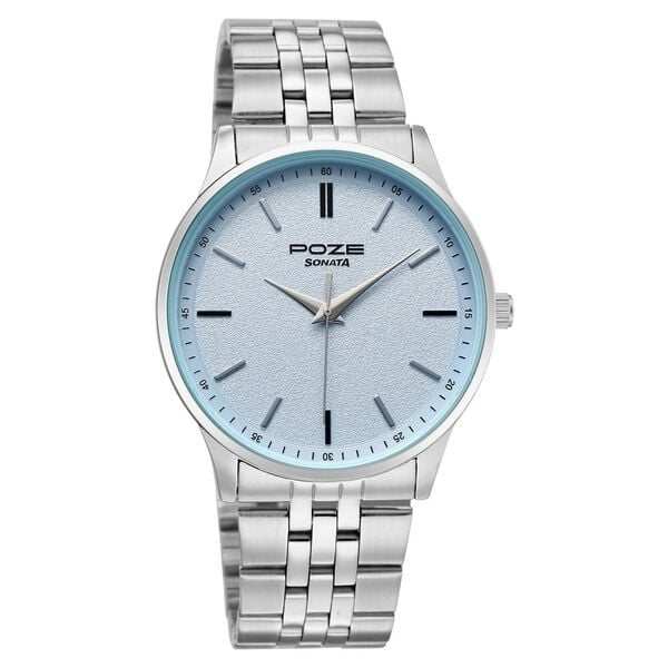 Poze By Sonata Quartz Analog Blue Dial Silver Metal Strap Watch For Men - image number 1