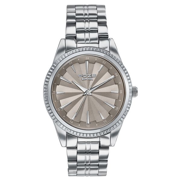 Poze By Sonata Quartz Analog Beige Dial Silver Metal Strap Watch For Men - image number 1
