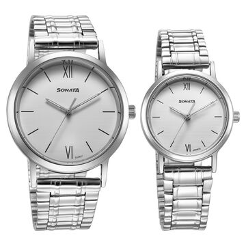 Sonata Pairs Quartz Analog White Dial Stainless Steel Strap Watch for Couple