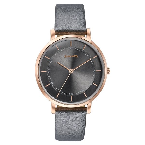 Sonata Modern Edit Quartz Analog Grey Dial Leather Strap Watch For Women - image number 0