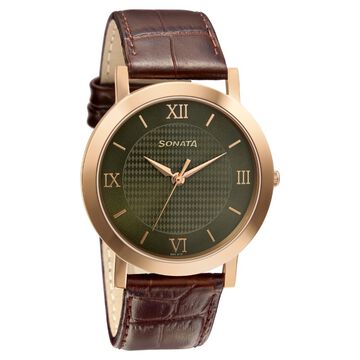 Sonata Quartz Analog Green Dial Leather Strap Watch for Men