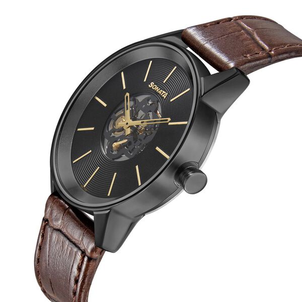 Sonata Quartz Multifunction Black Dial Leather Strap Watch for Men - image number 2