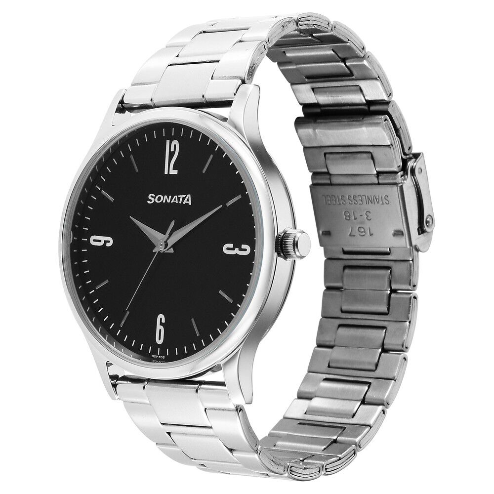 Buy Online Sonata Aspire Quartz Analog Black Dial Stainless Steel Strap Watch for Men ns77105sm09w Sonata