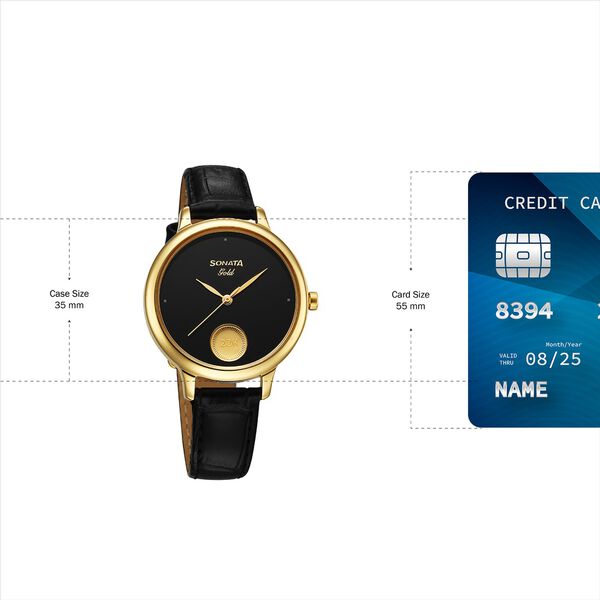 Sonata Gold Quartz Analog Watch for Women with Black Dial Leather Strap With An Eye-Catching Gold Coin on Dial - image number 3