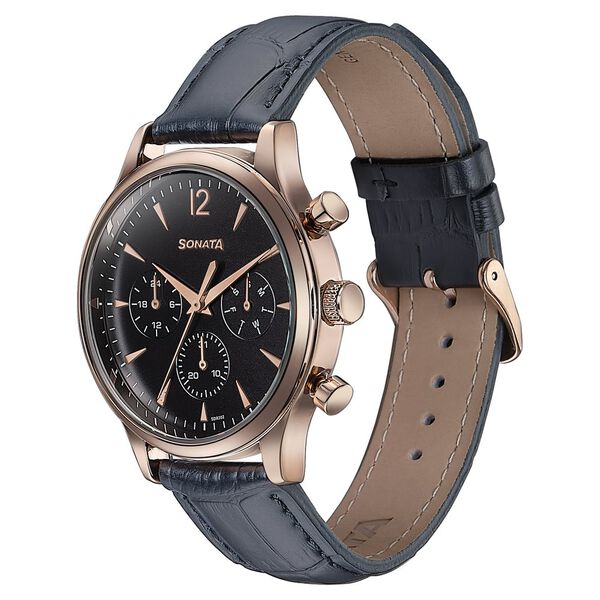 Sonata Wedding Edit Quartz Multifunction Black Dial Leather Strap Watch For Men - image number 3