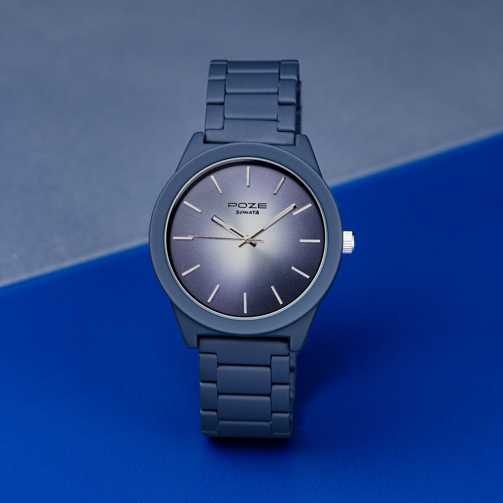 Sonata Poze Quartz Analog Blue Dial Metal Strap Watch For Men
