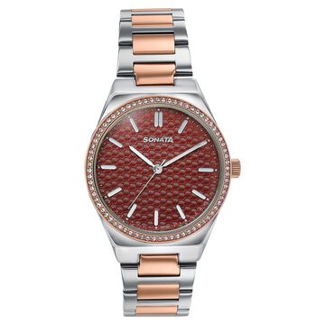 Sonata Jashn Quartz Analog Maroon Dial Two Toned Metal Strap Watch For Women