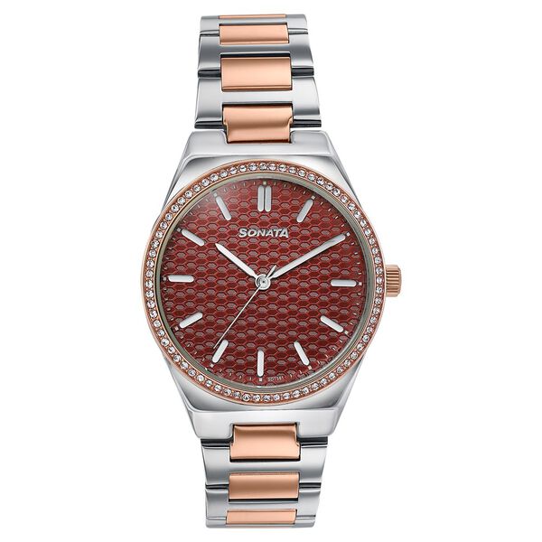 Sonata Jashn Quartz Analog Maroon Dial Two Toned Metal Strap Watch For Women - image number 0