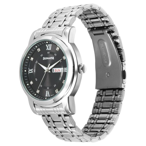 Sonata Wedding Quartz Analog Black Dial Stainless Steel Strap Watch For Men - image number 2