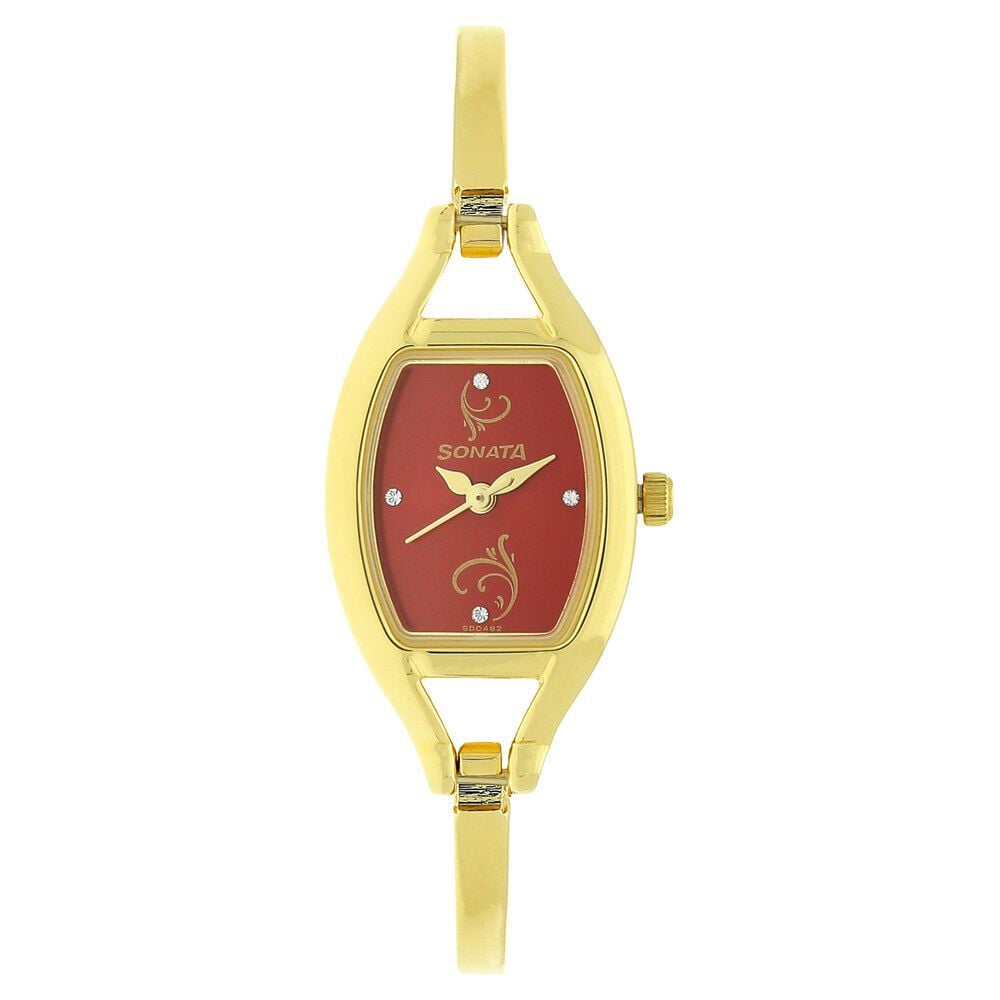 Sonata Quartz Analog Red Dial Metal Strap Watch for Women