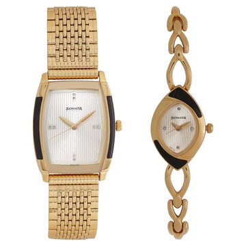Sonata Quartz Analog Champagne Dial Stainless Steel Strap Watch for Couple