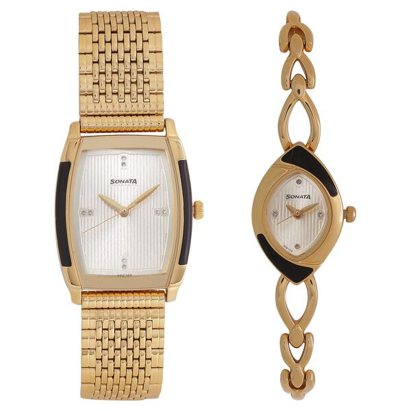 Sonata Quartz Analog Champagne Dial Stainless Steel Strap Watch for Couple - image number 0
