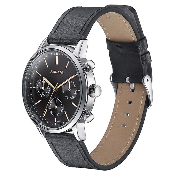 Sonata Quartz Multifunction Black Dial Black Leather Strap Watch For Men - image number 3