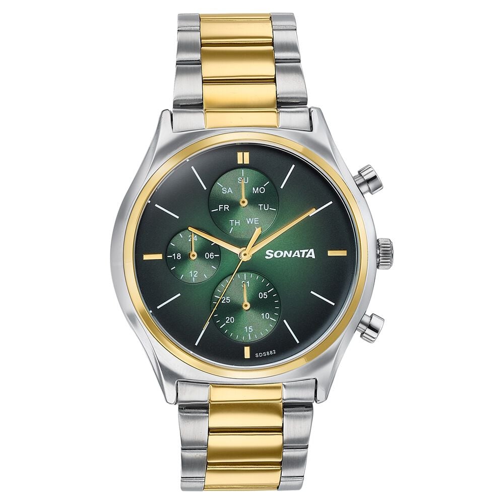 Sonata Festive Quartz Multifunction Green Dial Two Toned Metal Strap Watch For Men-picture-20