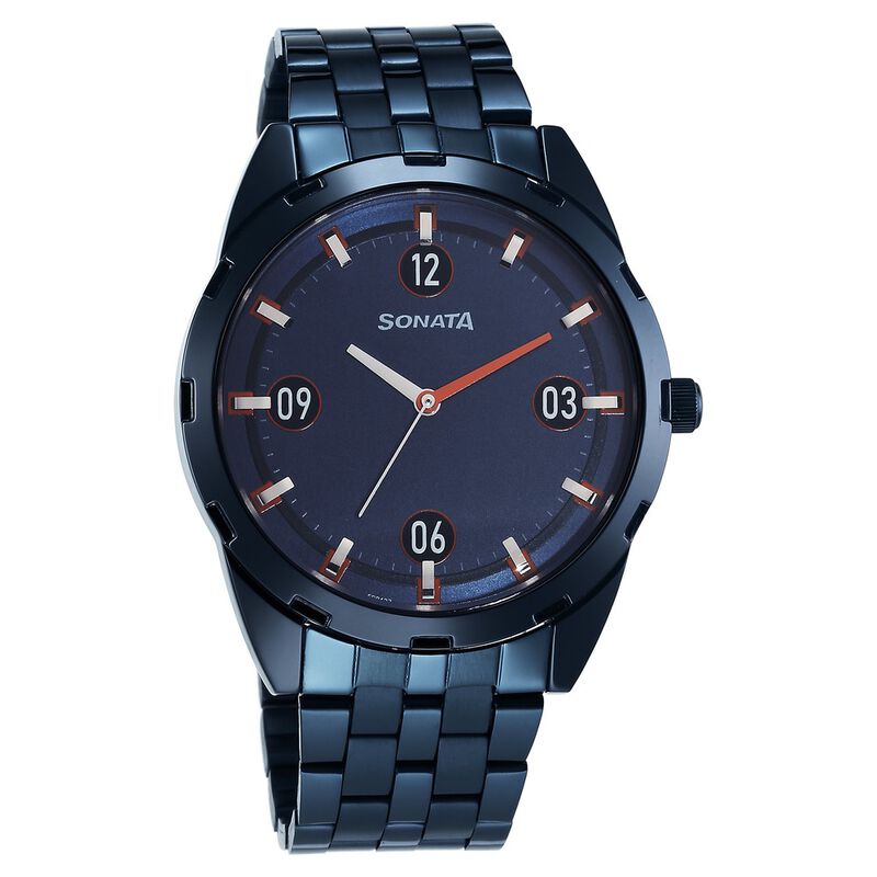 Sonata Blues Quartz Analog Blue Dial Metal Strap Watch for Men