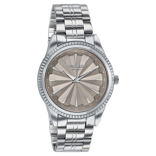 Poze By Sonata Quartz Analog Beige Dial Silver Metal Strap Watch For Men - image number 2