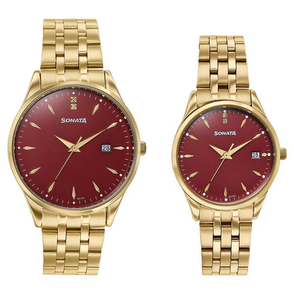 Sonata Jashn Quartz Analog Red Dial Golden Metal Strap Watch For Couple - image number 0