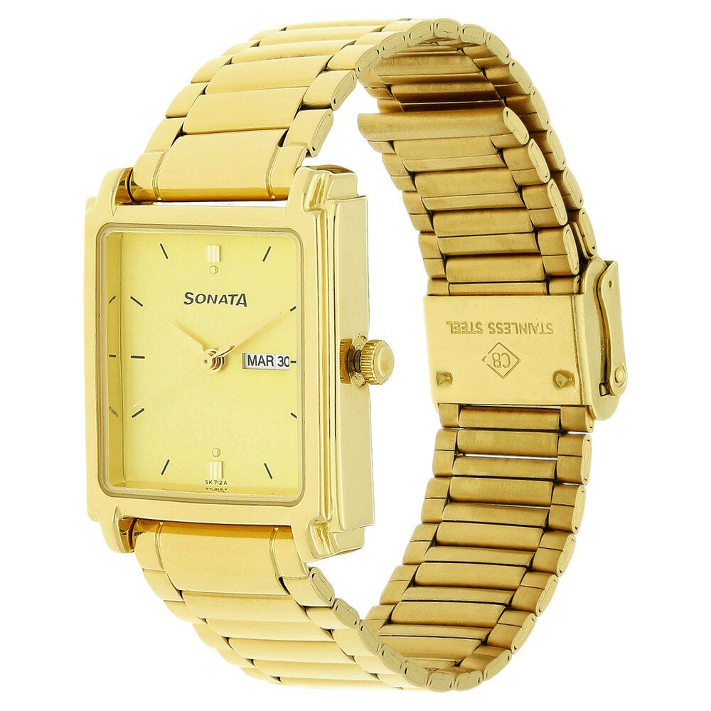 Sonata Quartz Analog with Day and Date Champagne Dial Metal Strap