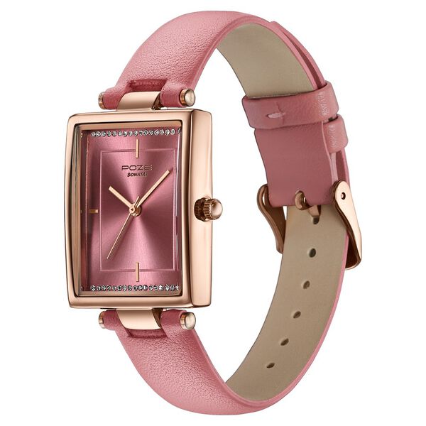 Poze By Sonata Quartz Analog Pink Dial Pink Leather Strap Watch For Women - image number 4