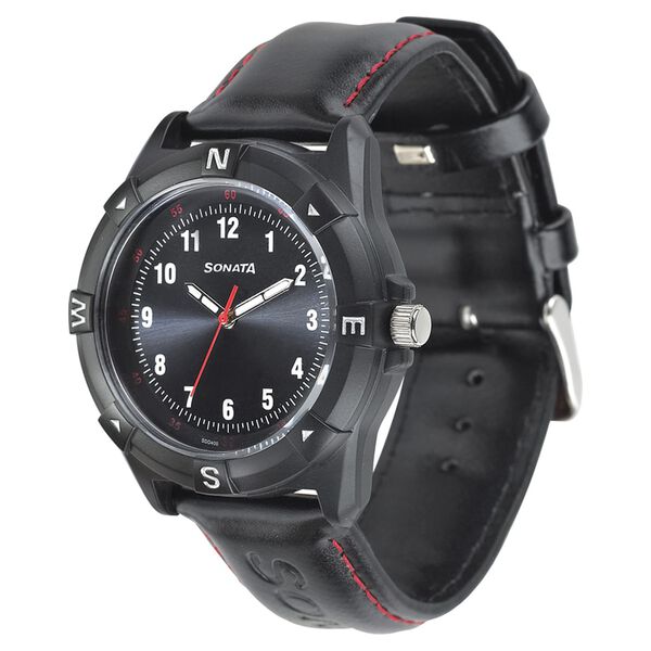 Sonata Quartz Analog Black Dial Leather Strap Watch for Men - image number 0