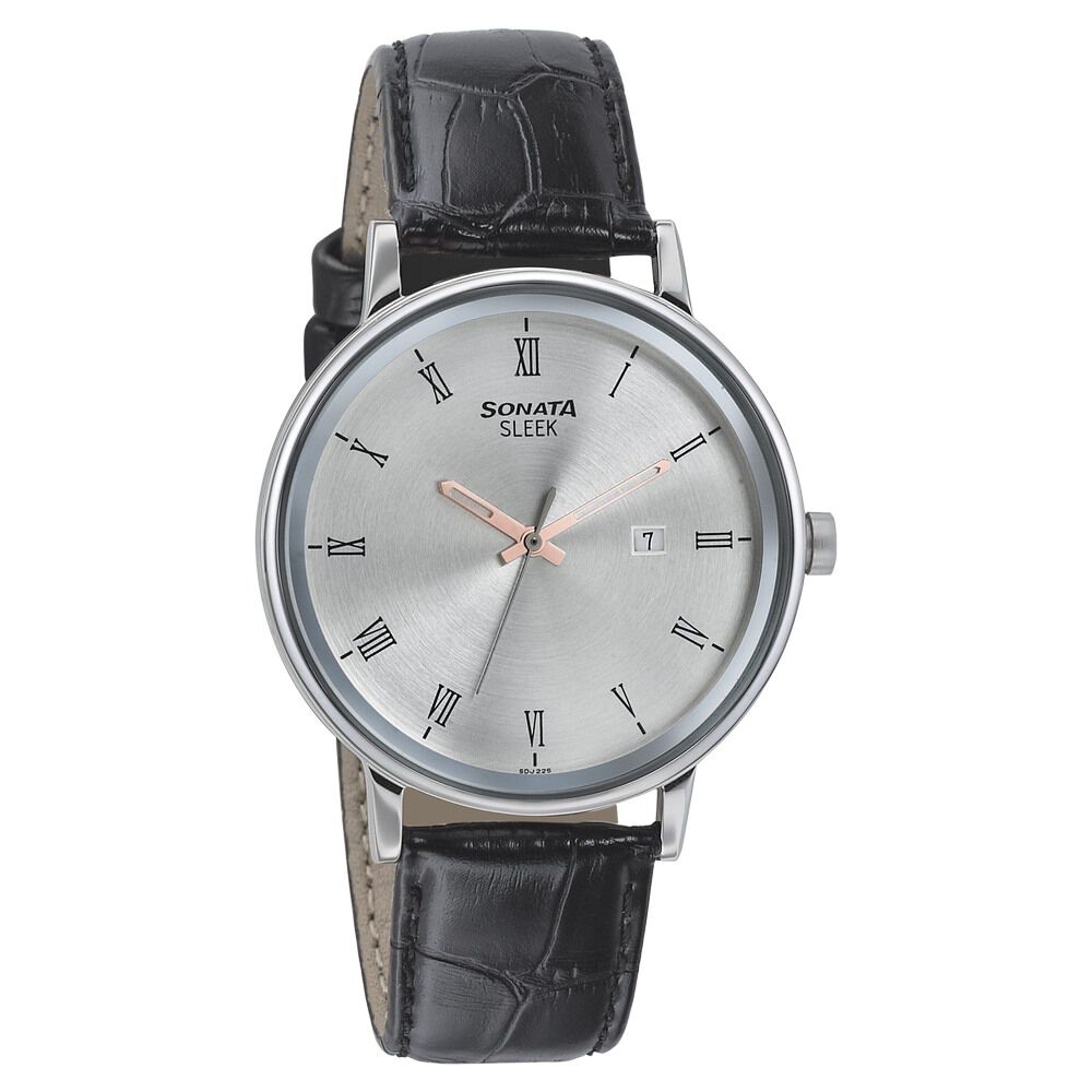 Sonata Quartz Analog Silver Dial Leather Strap Watch for Men