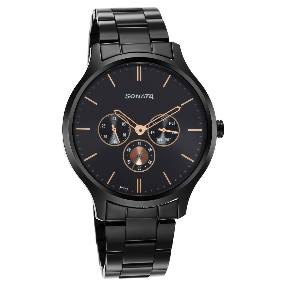 Buy Online Sonata Quartz Multifunction Black Dial Stainless Steel Strap Watch for Men nr7140nm01 Sonata