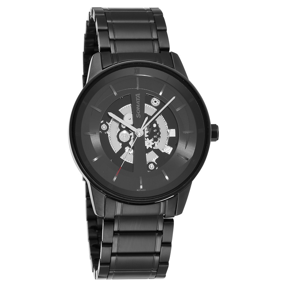 Sonata black stainless steel watch outlet