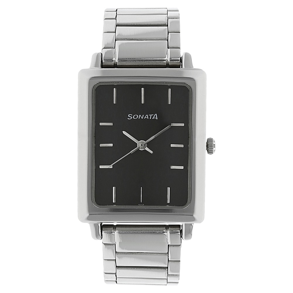 Buy Online Sonata Quartz Analog Black Dial Stainless Steel Strap
