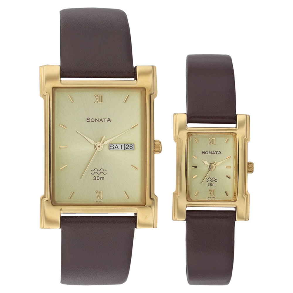 saaya-5353 Buy Online Sonata Quartz Analog Champagne Dial Strap Watch for