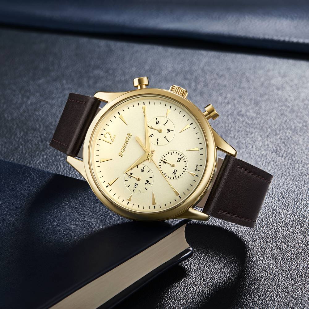 Buy Online Sonata Quartz Multifunction Golden Dial Brown Leather Strap Watch For Men 77146yl01 Sonata