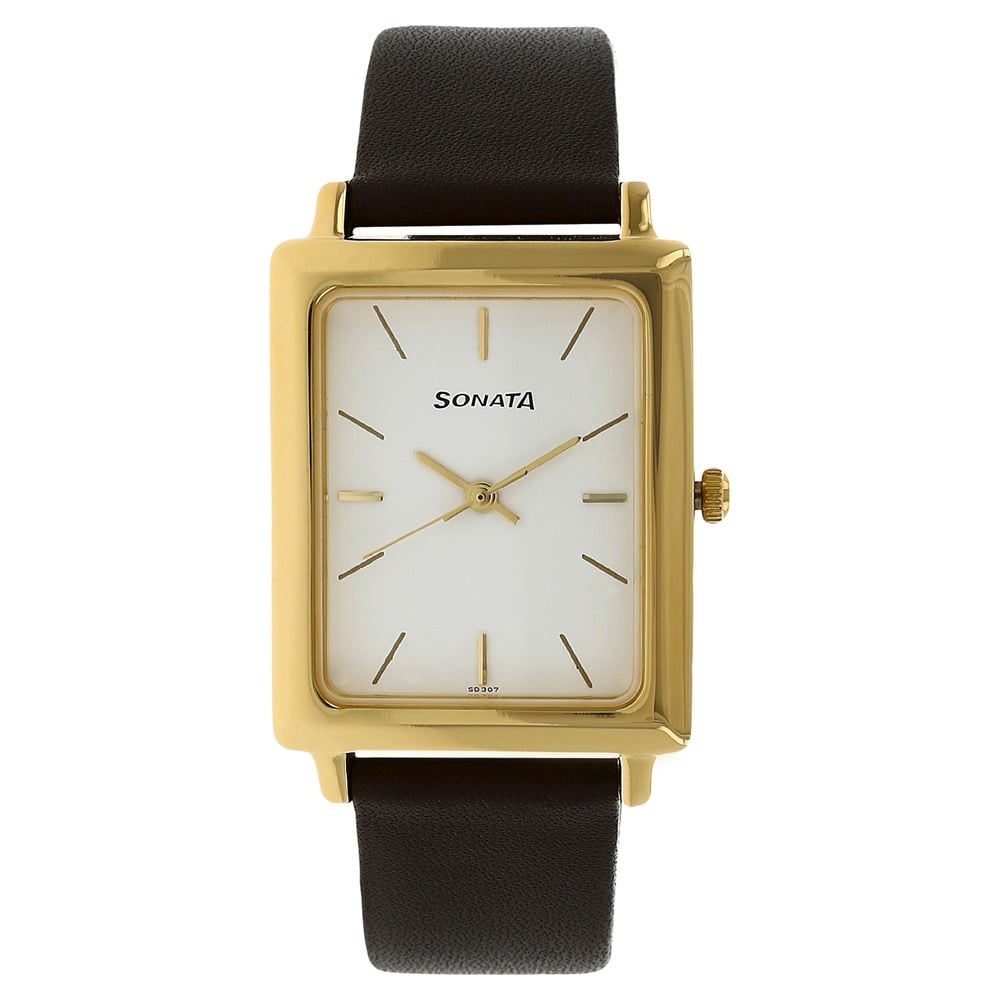 Buy Online Sonata Quartz Analog White Dial Leather Strap Watch for Men ns7078yl01 Sonata