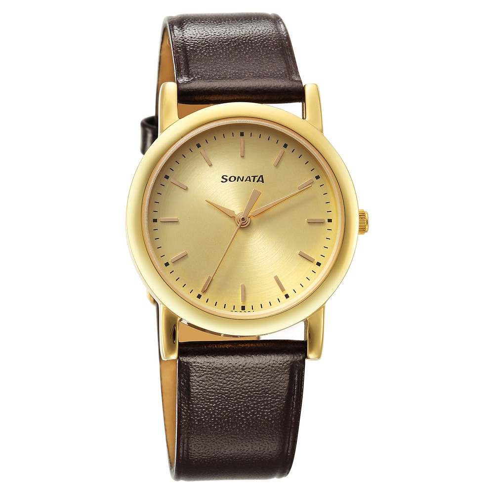 Buy Online Sonata Classic Quartz Analog Champagne Dial Brown Leather Strap Watch for Men 7987yl09w p Sonata