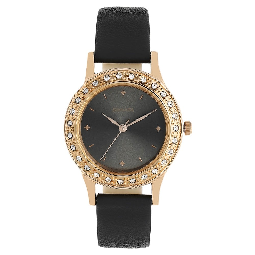 Buy Online Sonata Blush Anthracite Dial Women Watch With Leather Strap 8123wl01 Sonata India
