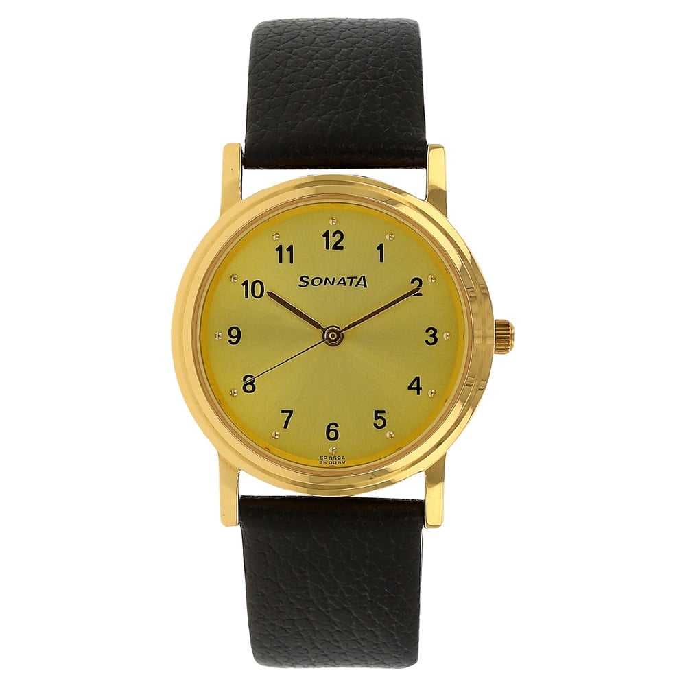 Buy Online Sonata Quartz Analog Champagne Dial Leather Strap Watch