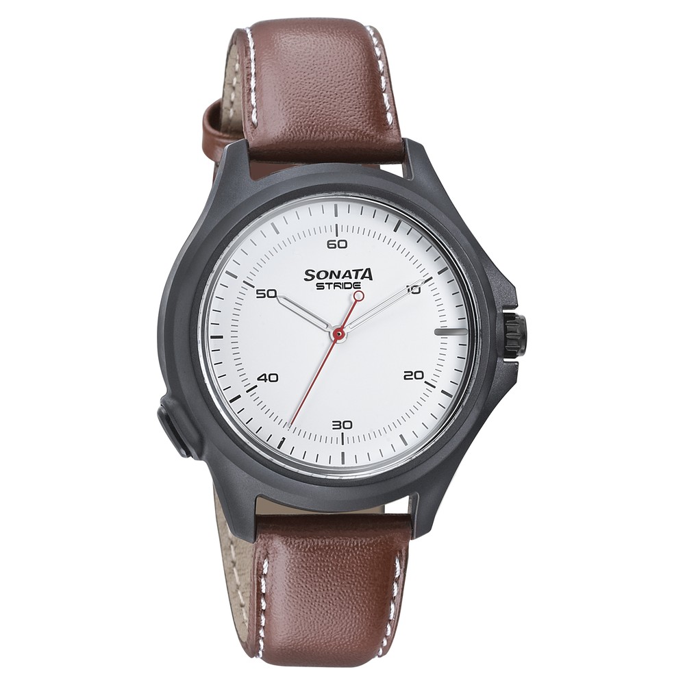 Buy Online Sonata Stride Smart White Dial Leather Strap Watch for Men 7130pl01 p Sonata