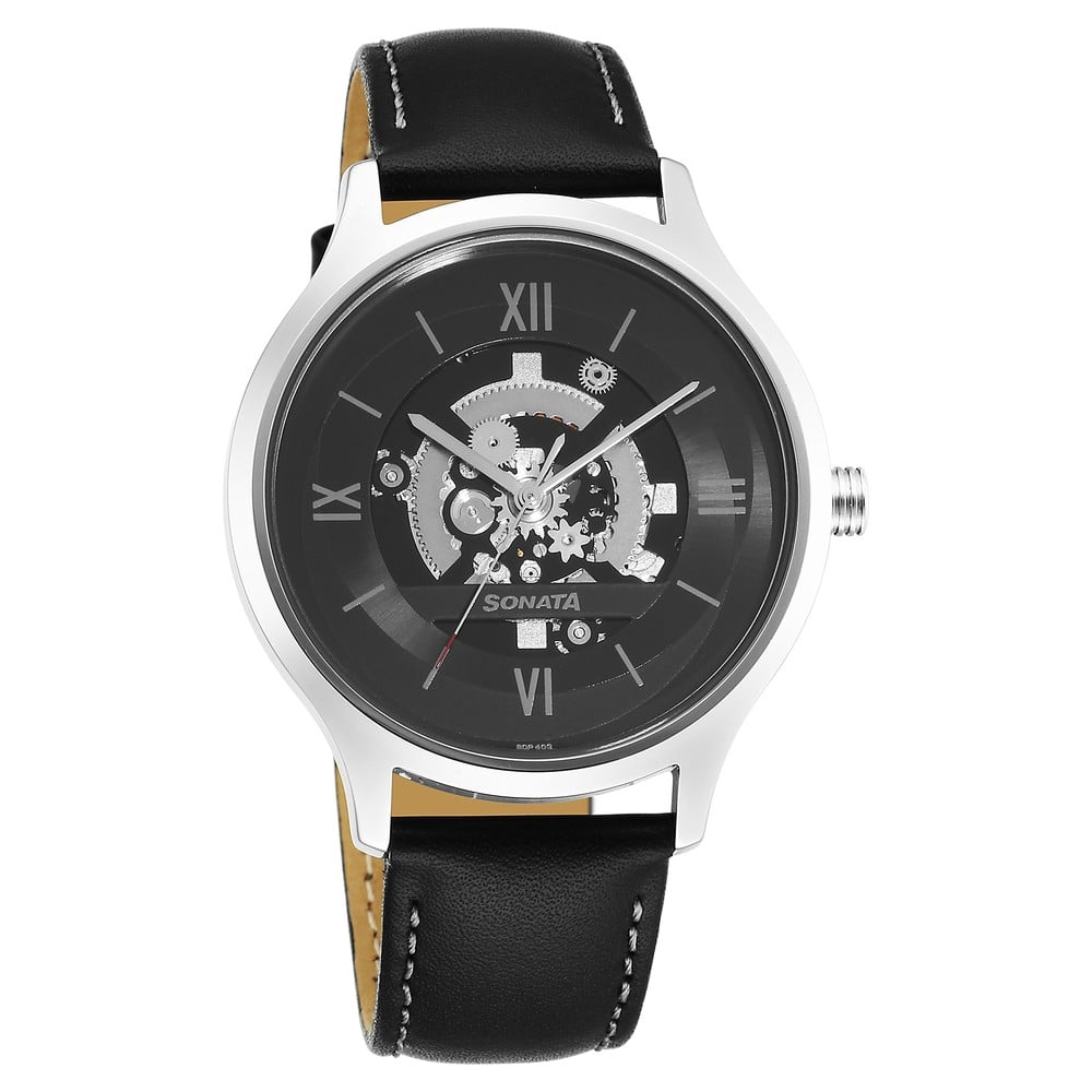 Buy Online Sonata Unveil Quartz Analog Black Dial Leather Strap