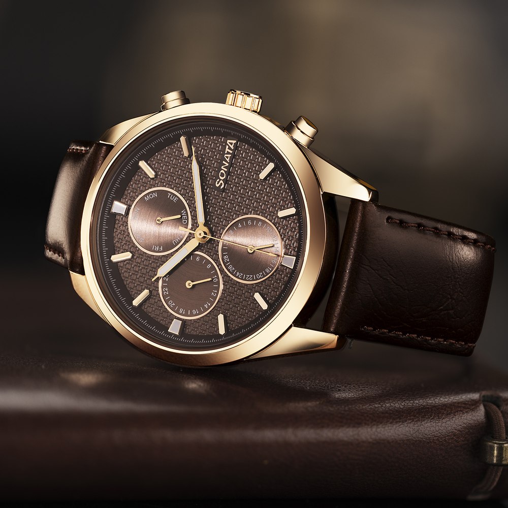 Buy Online Sonata Magna Quartz Multifunction Brown Dial Rose Gold